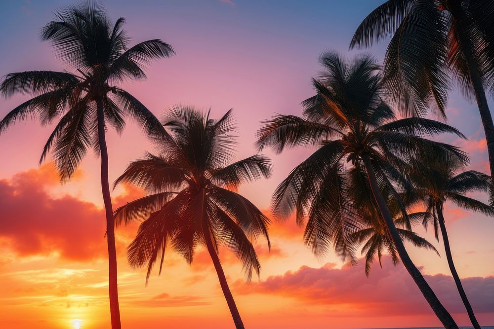 Tropical coconut trees sunset outdoors tropics. AI generated Image by rawpixel.