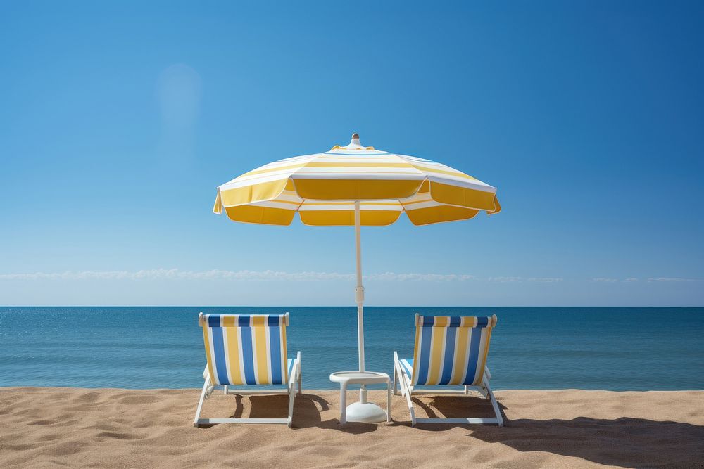 Two beach chairs sky furniture umbrella. AI generated Image by rawpixel.