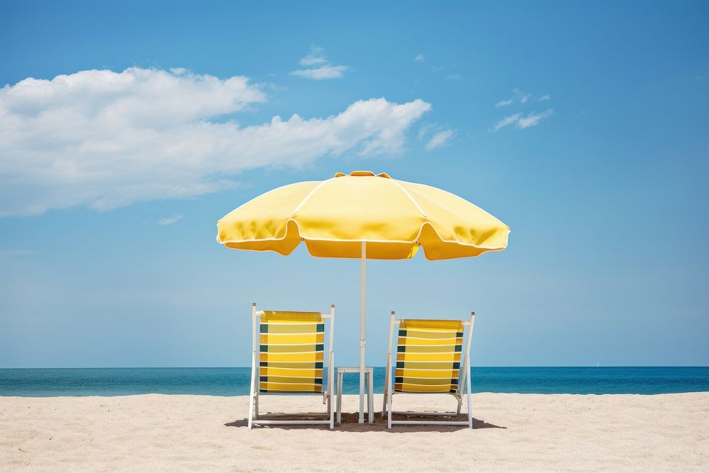 Two beach chairs sky furniture umbrella. AI generated Image by rawpixel.
