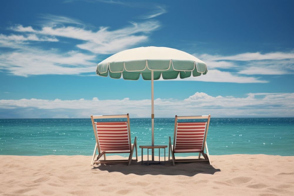 Two lounge chairs and an umbrella beach sky furniture. AI generated Image by rawpixel.