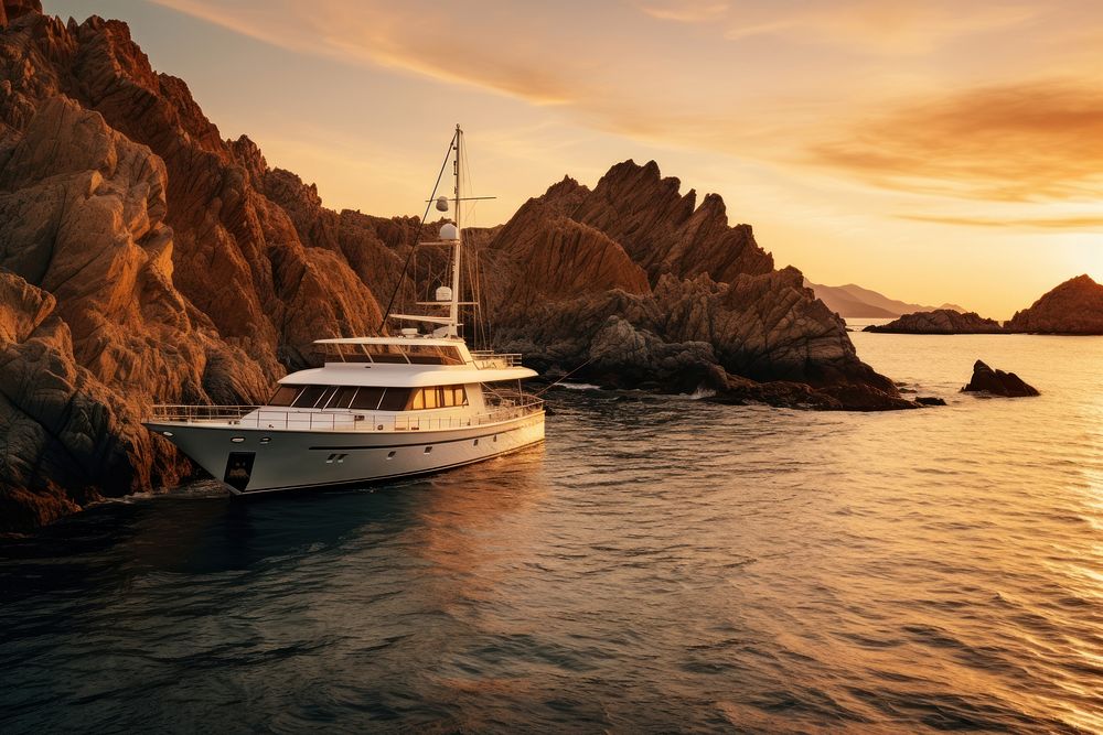 Yacht near rocky coast outdoors vehicle nature. AI generated Image by rawpixel.