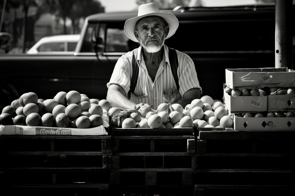 Man at a roadside fruit stand portrait photography adult. AI generated Image by rawpixel.