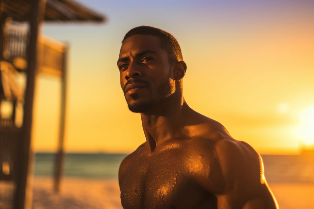 Black man sunset summer beach. AI generated Image by rawpixel.