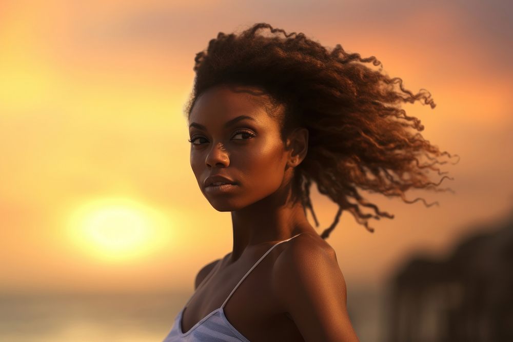 Black woman portrait sunset summer. AI generated Image by rawpixel.