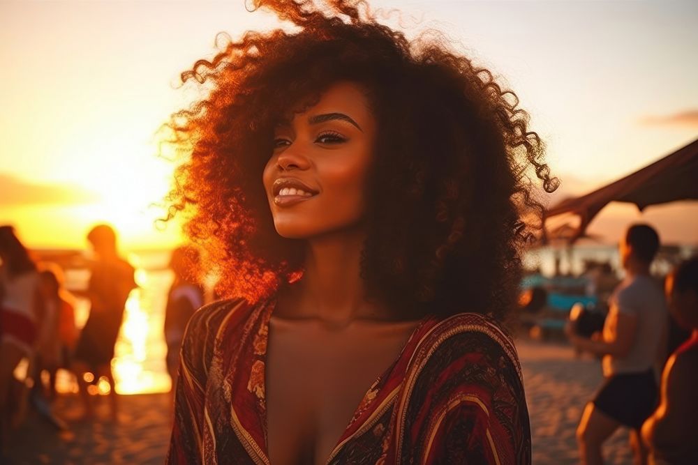 Black woman sunset summer beach. AI generated Image by rawpixel.