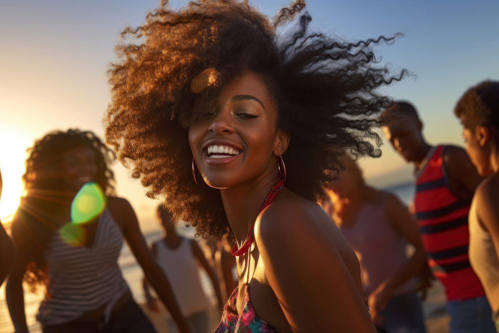 Black woman laughing summer sunset. AI generated Image by rawpixel.