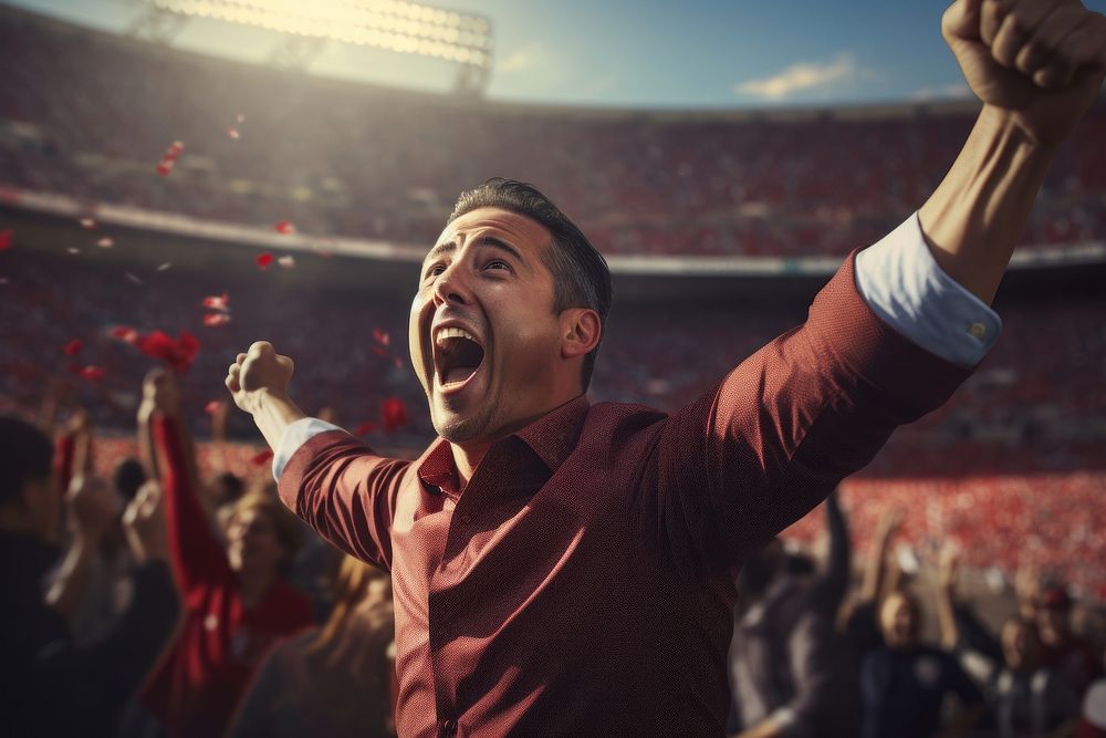 Hispanic man cheering on a football shouting adult achievement. AI generated Image by rawpixel.