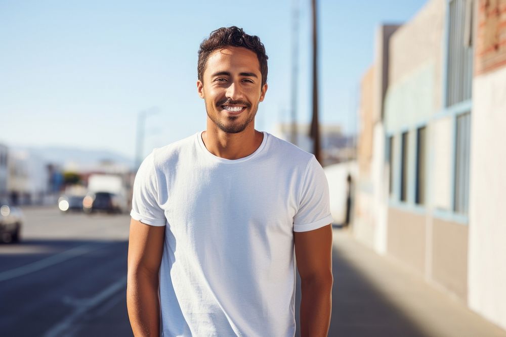 Latino man clothing t-shirt smile. AI generated Image by rawpixel.