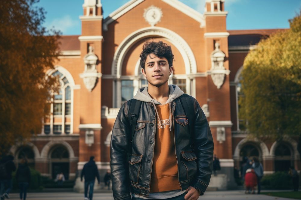 Latino university student portrait standing jacket. AI generated Image by rawpixel.