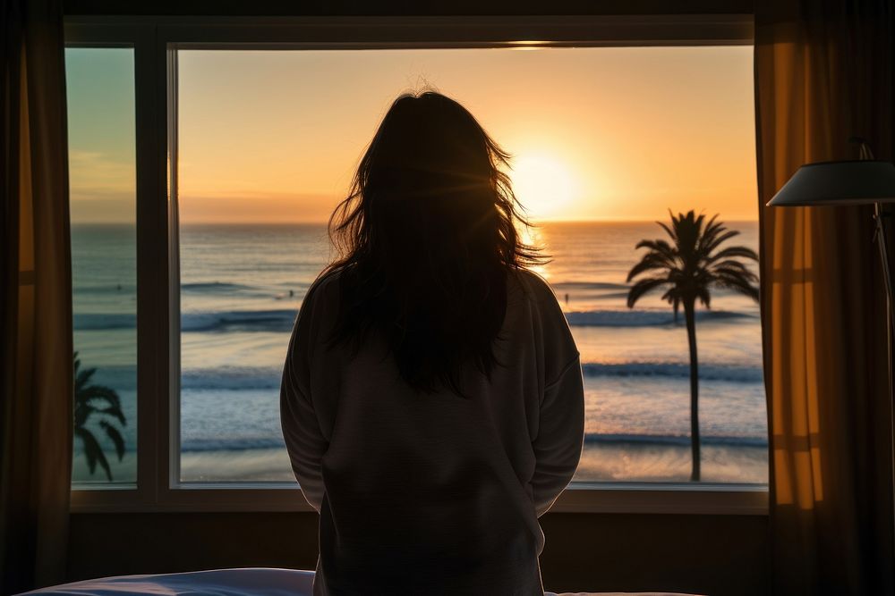 Woman wakes up beach silhouette nature. AI generated Image by rawpixel.