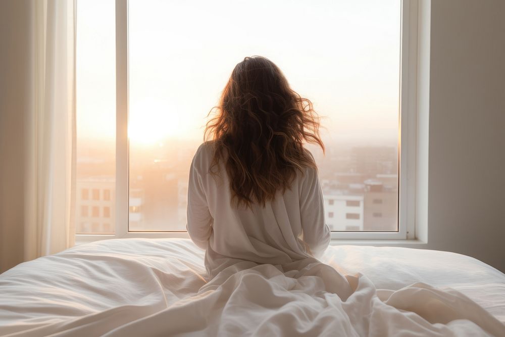 Woman wakes up window sitting adult. AI generated Image by rawpixel.