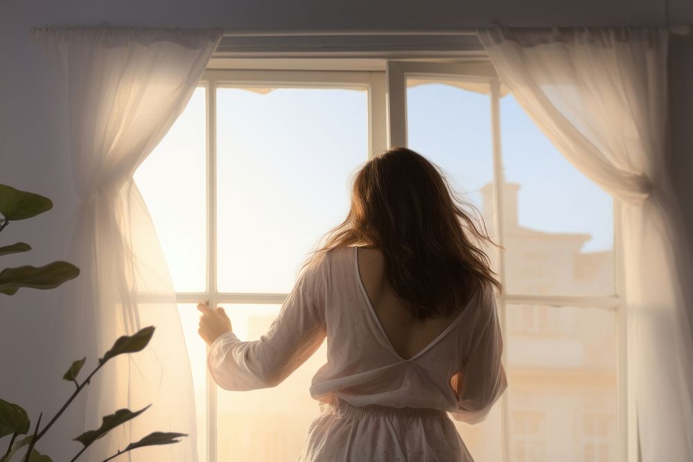 Woman wakes up window bedroom adult. AI generated Image by rawpixel.
