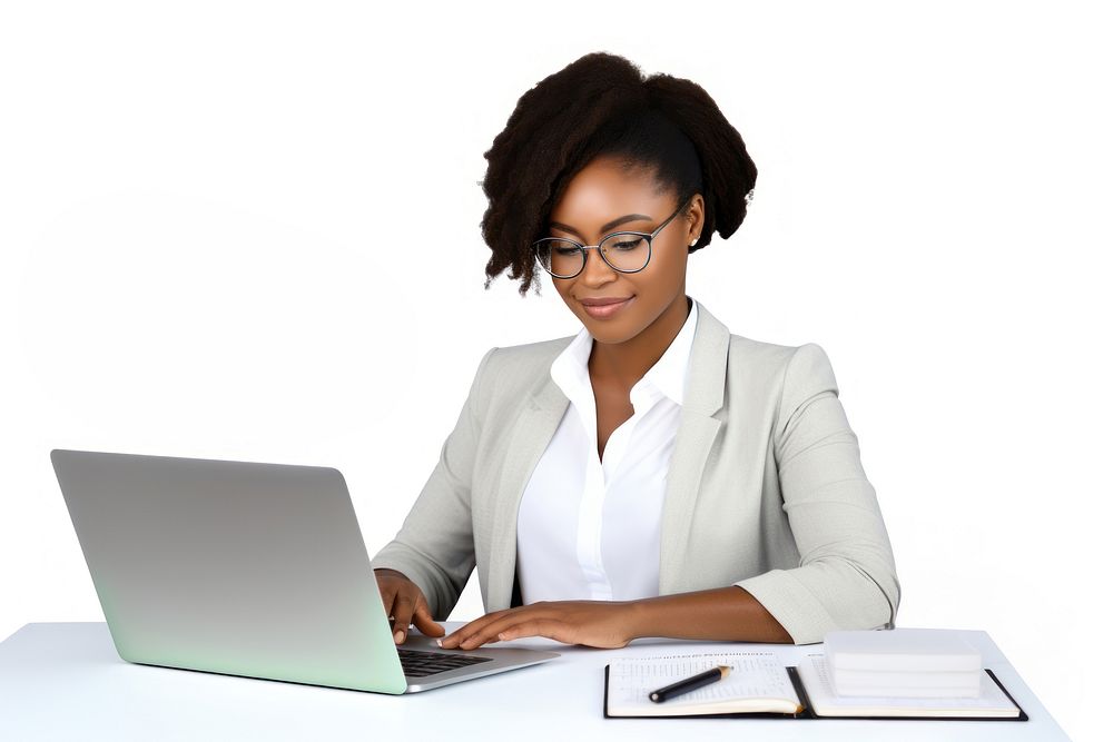African American woman computer sitting working. 