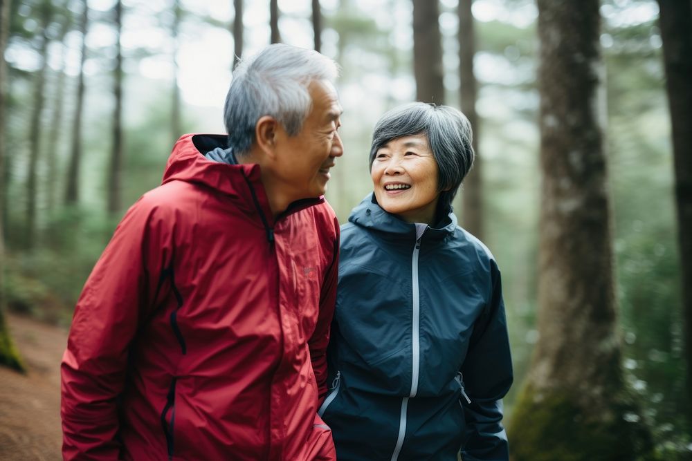 Japanese elderly couple hiking portrait outdoors looking. AI generated Image by rawpixel.