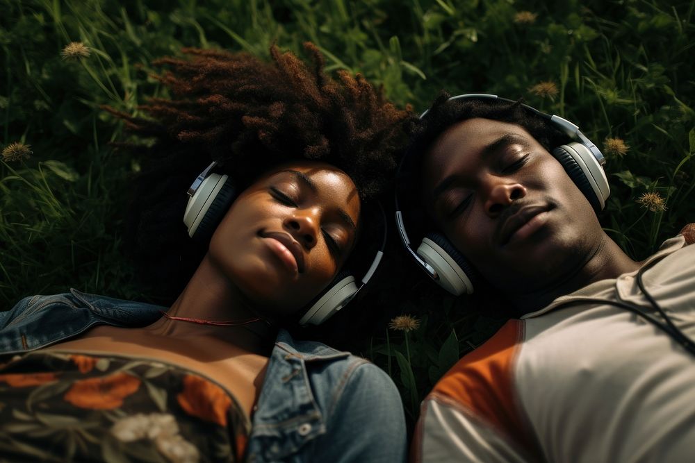 Black couple photography headphones listening. AI generated Image by rawpixel.