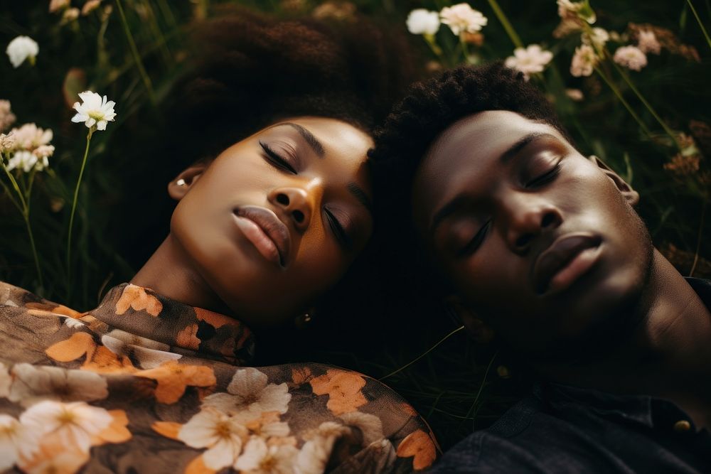 Black couple photography portrait flower. AI generated Image by rawpixel.