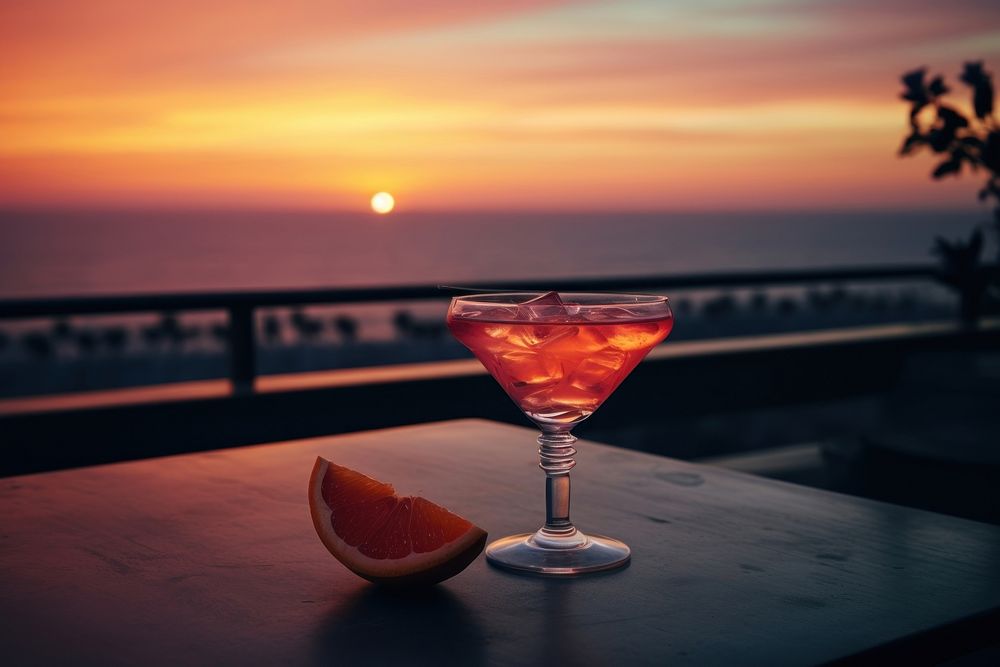 Cocktail on table outdoors martini sunset. AI generated Image by rawpixel.