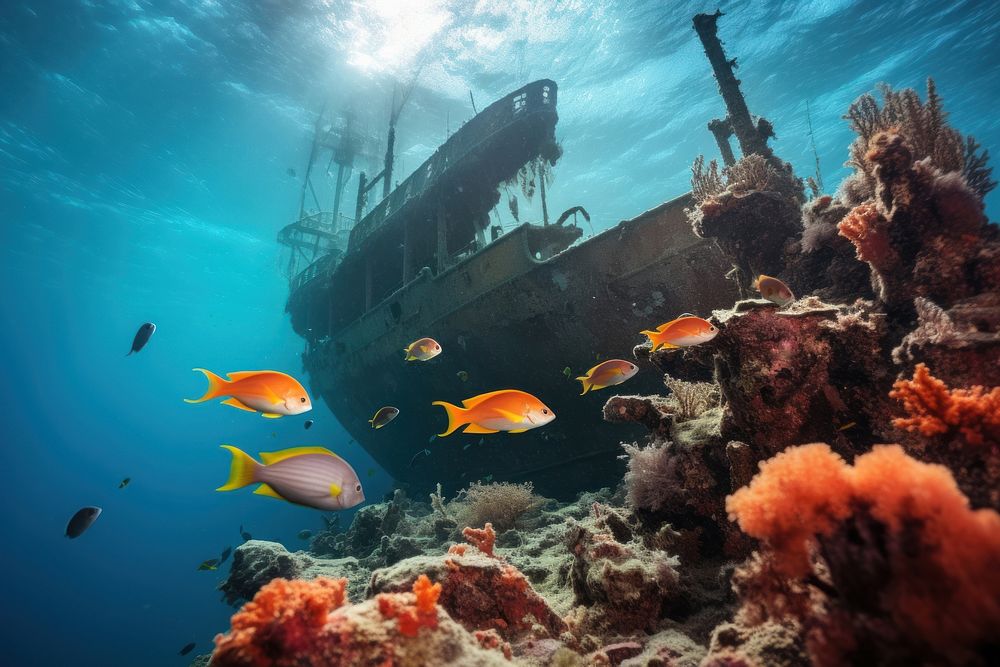 Shipwreck sea underwater outdoors. AI generated Image by rawpixel.