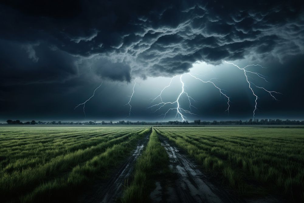 Grey day over field lightning thunderstorm outdoors. AI generated Image by rawpixel.