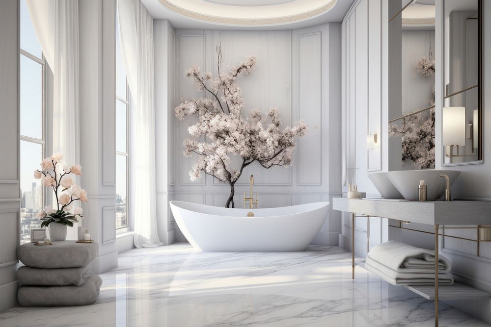 Luxury white bathroom plant bathtub flower. AI generated Image by rawpixel.