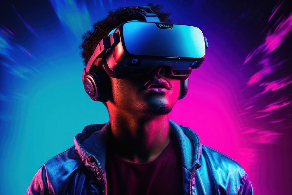 Man wearing vr headset portrait purple photo. AI generated Image by rawpixel.