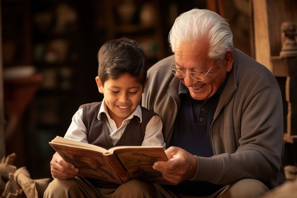 Grandfather and grandson reading stories adult child men. AI generated Image by rawpixel.