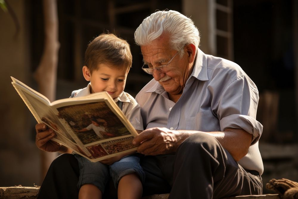 Grandfather and grandson reading stories publication adult book. AI generated Image by rawpixel.
