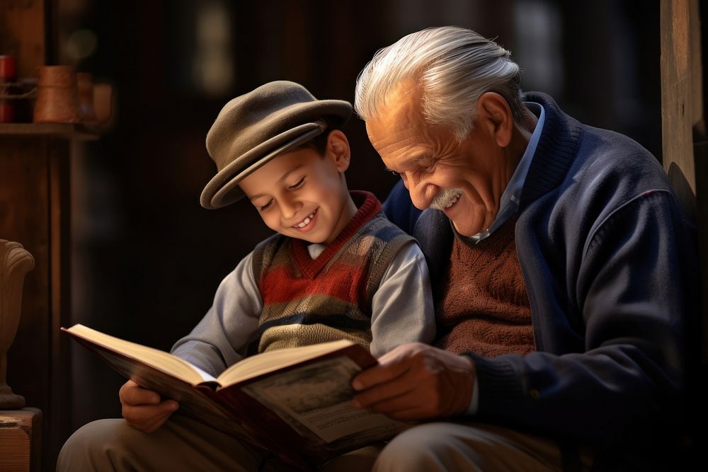 Grandfather and grandson reading book adult men man. AI generated Image by rawpixel.
