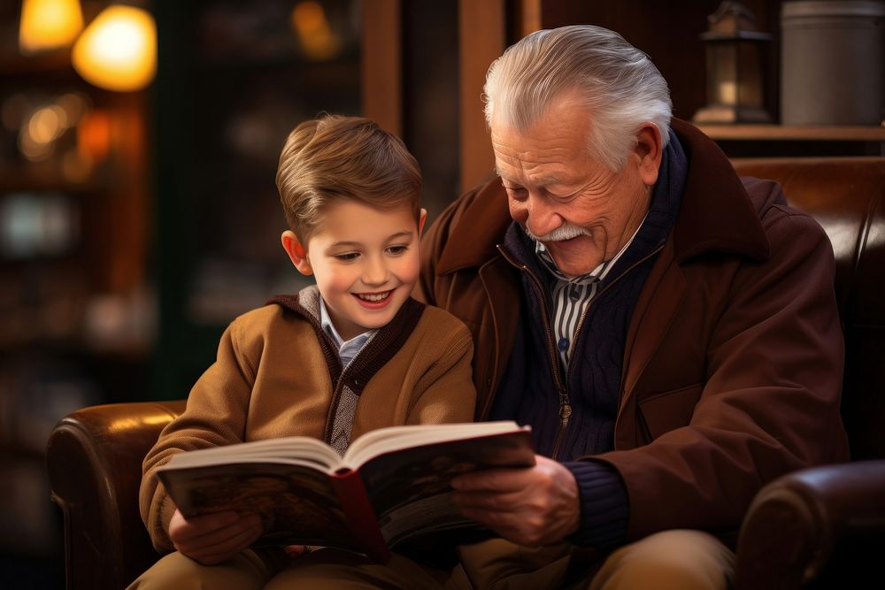 Grandfather and grandson reading book publication adult child. AI generated Image by rawpixel.
