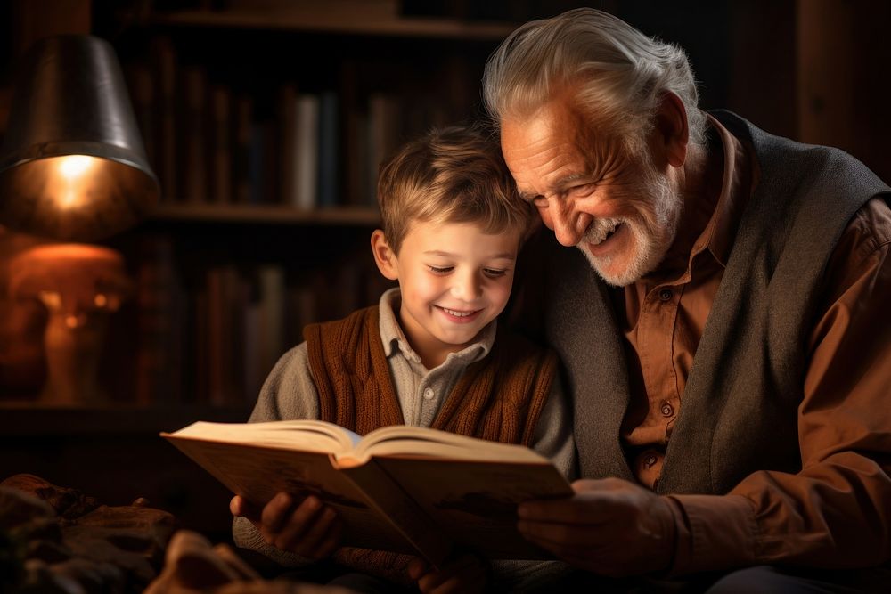 Grandfather and grandson reading book publication child men. AI generated Image by rawpixel.