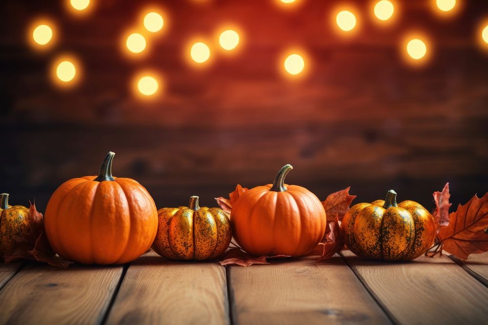 Border pumpkins and leaves rustic wood food. AI generated Image by rawpixel.