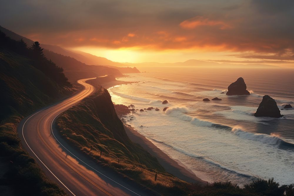 Ocean sunset road landscape outdoors horizon. 