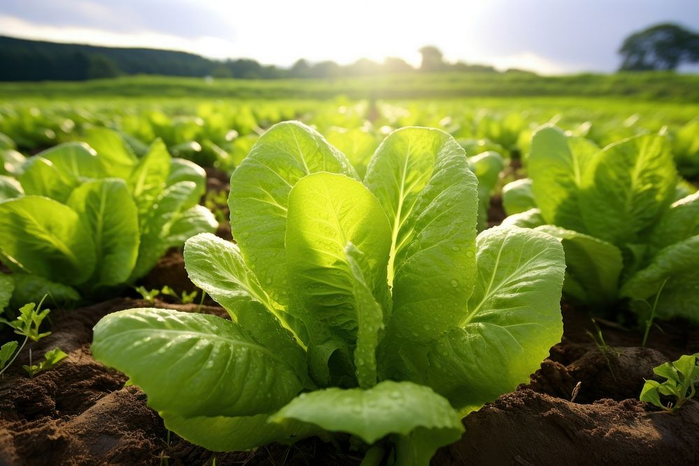 Romaine lettuce field landscape vegetable. AI generated Image by rawpixel.