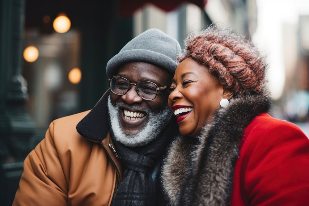 Senior black couple laughing holiday winter. AI generated Image by rawpixel.