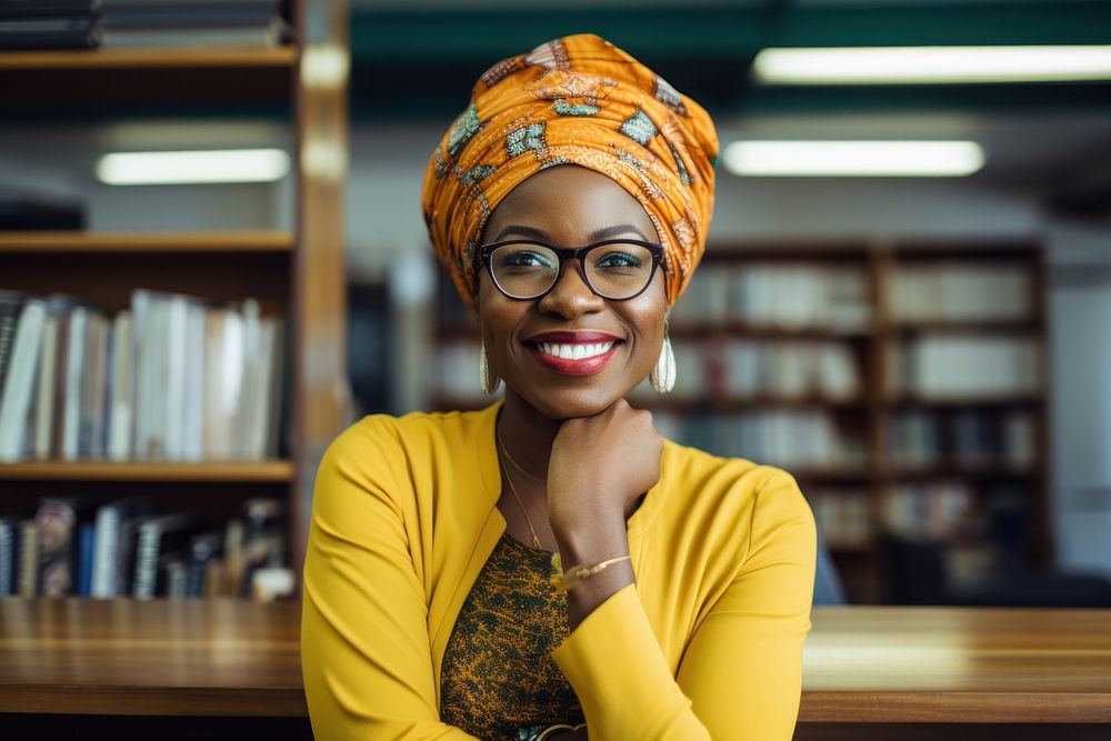 Smiling african woman glasses yellow smile. AI generated Image by rawpixel.