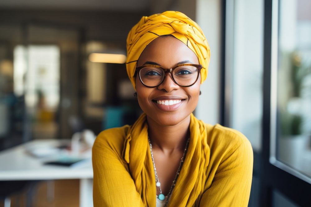Smiling african woman portrait glasses yellow. AI generated Image by rawpixel.