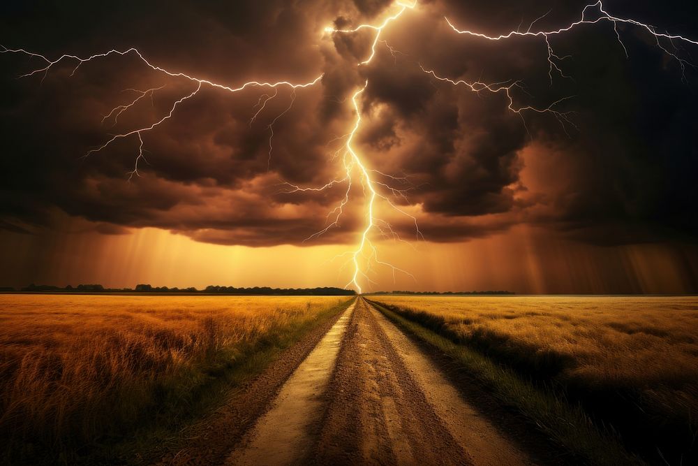 Stormy day lightning thunderstorm landscape. AI generated Image by rawpixel.