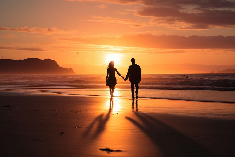 Two silhouettes walking sunset beach. AI generated Image by rawpixel.