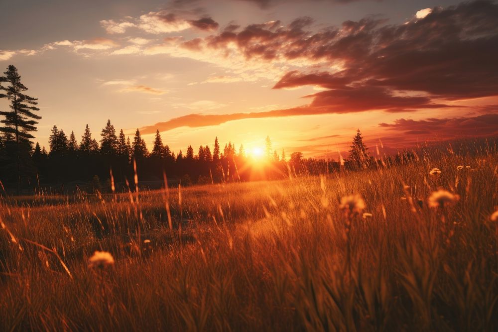 Sunset over meadow landscape grassland sunlight. AI generated Image by rawpixel.
