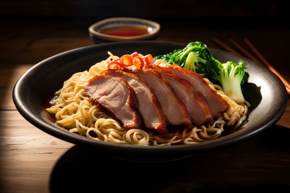 Chinese roast pork noodles plate food meat. AI generated Image by rawpixel.