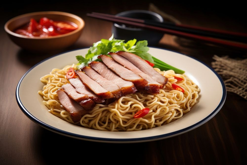 Chinese roast pork noodles chopsticks meat food. AI generated Image by rawpixel.