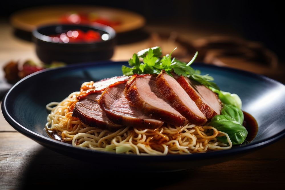 Chinese roast pork noodles plate meat meal. AI generated Image by rawpixel.