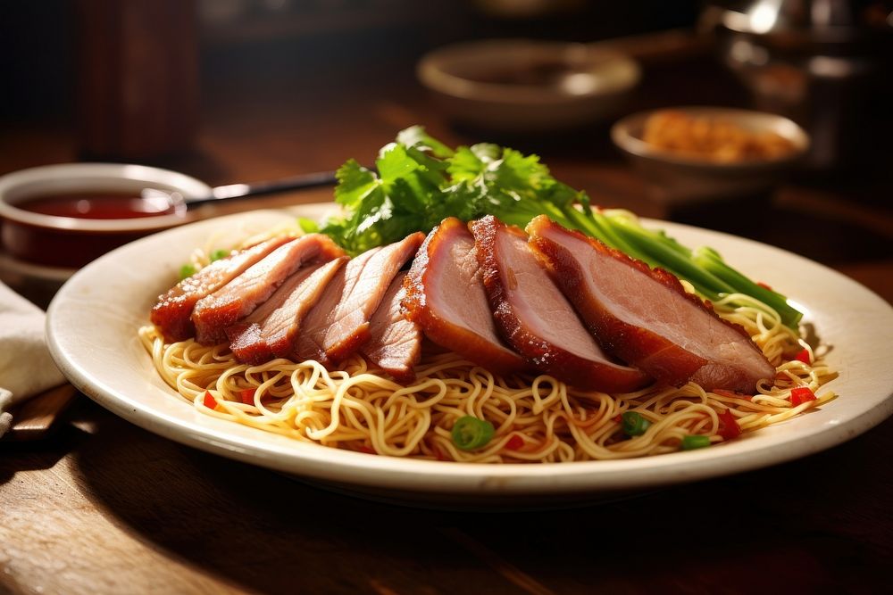 Chinese roast pork noodles pasta meat meal. AI generated Image by rawpixel.