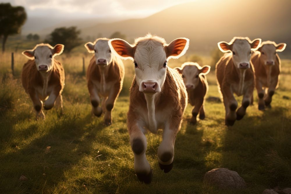 Herd of calves field livestock grassland. AI generated Image by rawpixel.