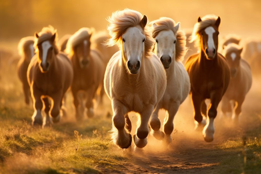 Herd of ponies outdoors running animal. AI generated Image by rawpixel.
