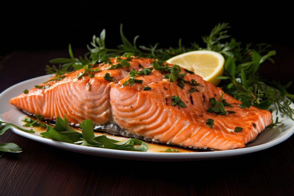 Salmon steak seafood plate vegetable. AI generated Image by rawpixel.