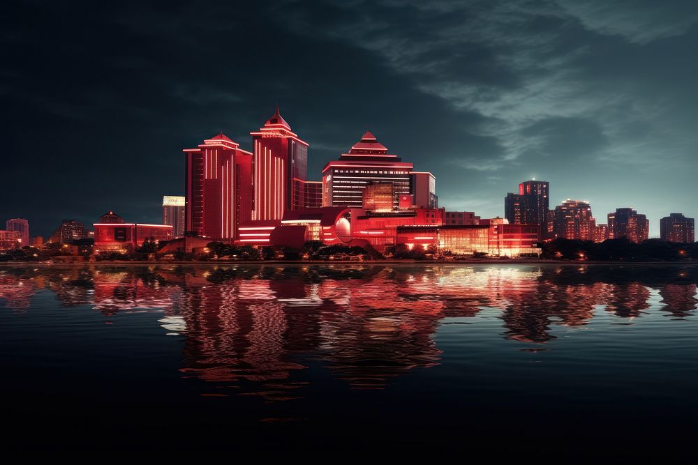 Casino skyline waterfront night architecture. AI generated Image by rawpixel.