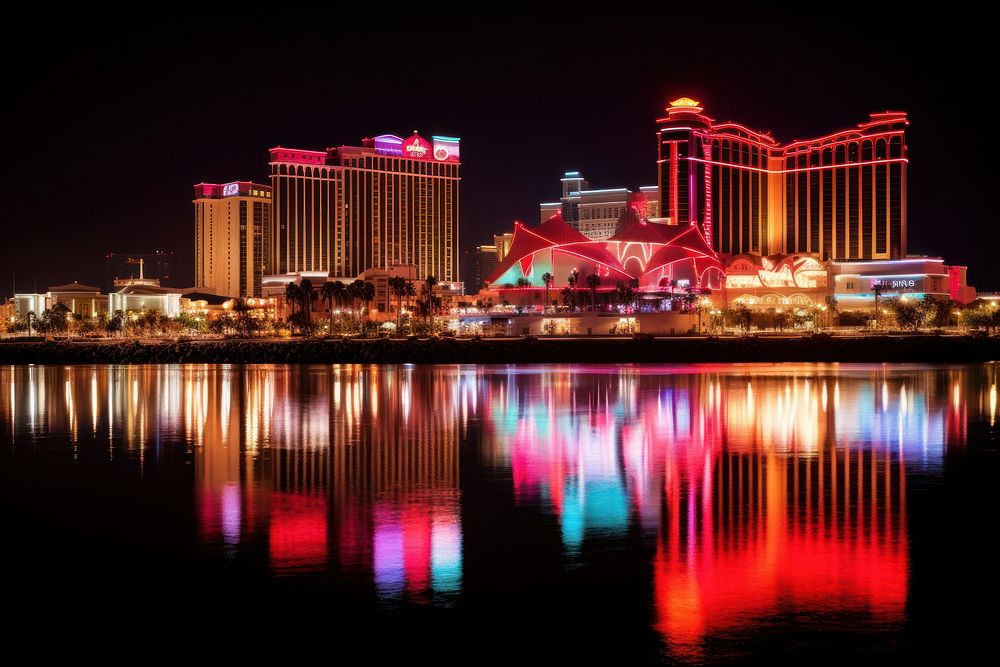 Casino skyline night architecture illuminated. AI generated Image by rawpixel.