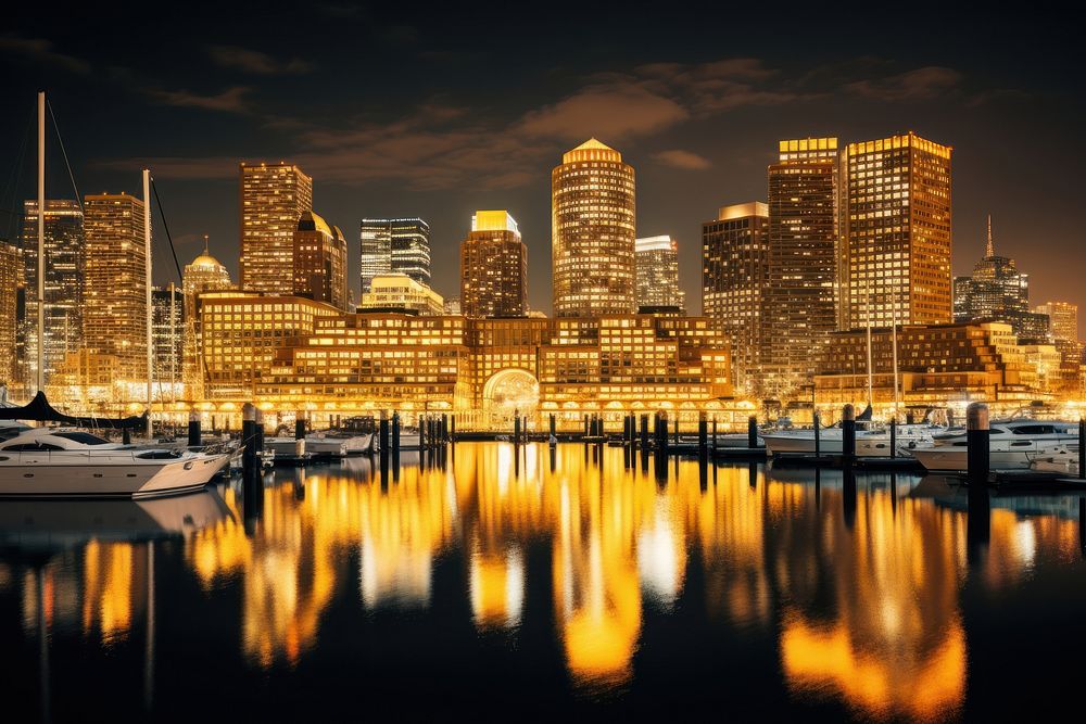 Skyline waterfront architecture illuminated. AI generated Image by rawpixel.