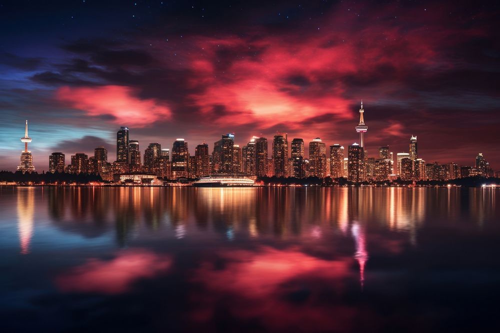 Skyline night architecture illuminated. AI generated Image by rawpixel.